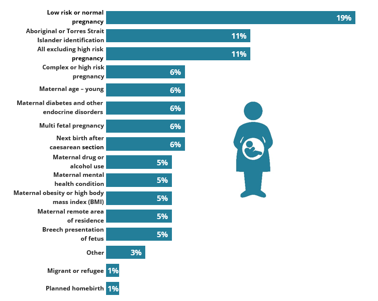 The infographic shows the broad target groups of low risk or normal pregnancy are reported in 19% of models of care.