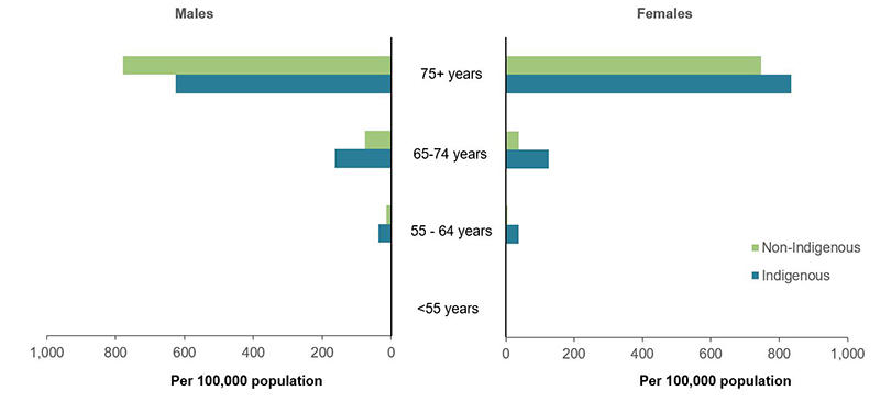 The bar graph shows the age distribution of atrial fibrillation death rates by sex and indigenous status in 2016-18. Rates of death were higher among Indigenous Australians across all age groups except males aged 85 and over, where Non-Indigenous males had a higher rate of death at 778 per 100,000 population. Indigenous females aged 85+ years had the highest rate of death in 2016-18 at 836 deaths per 100,000 population.