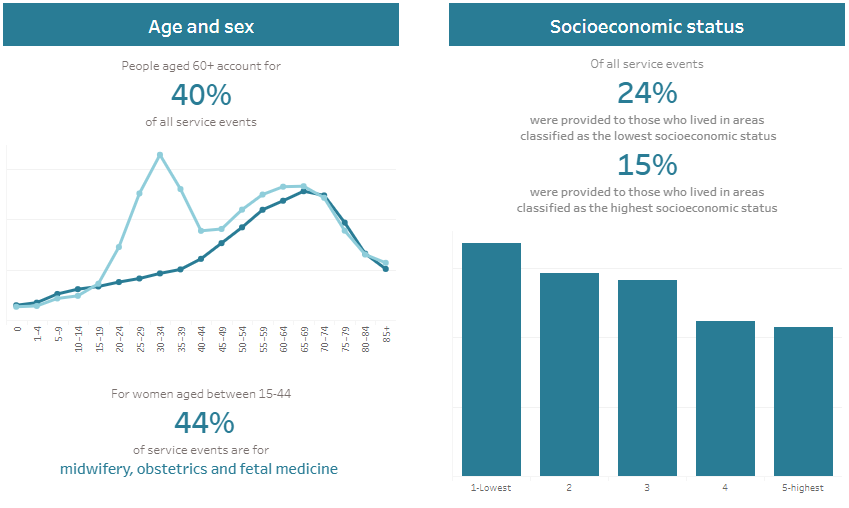 Card 1 Age and sex data visualisation, Card 2 Socioeconomic status data visualisation