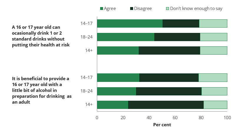 Bar chart shows young people (14–17 and 18–24) were more likely to agree that a 16- or 17-year-old could occasionally drink 1 or 2 standard drinks without putting their health at risk.