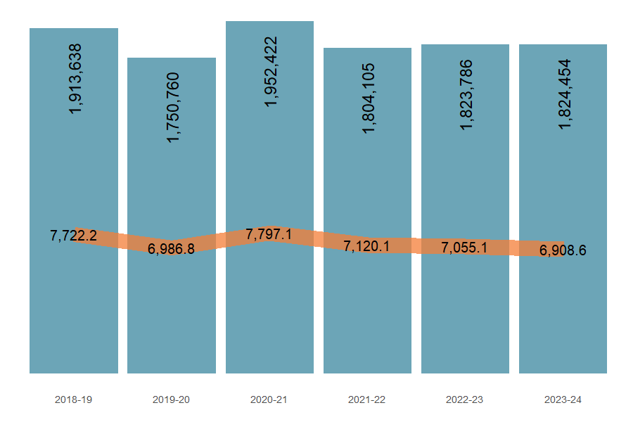 Figure 1 shows numbers and age-standardised rates of injury ED presentations from 2018–19 to 2023–24.
