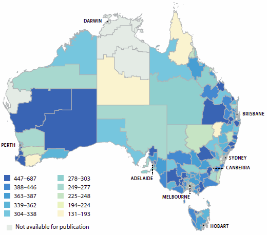 Map of Australia showing the rate of hysterectomy and endometrial ablation hospitalisations per 100000 women in local areas across the country, in 2012-13. Most hospitalisations occurred in Western Australia and on the East Coast.