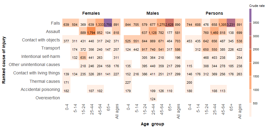 Figure 22 shows a heatmap of injury hospitalisations by cause, age and sex for First Nations people. Falls were the main cause of injury across most age groups