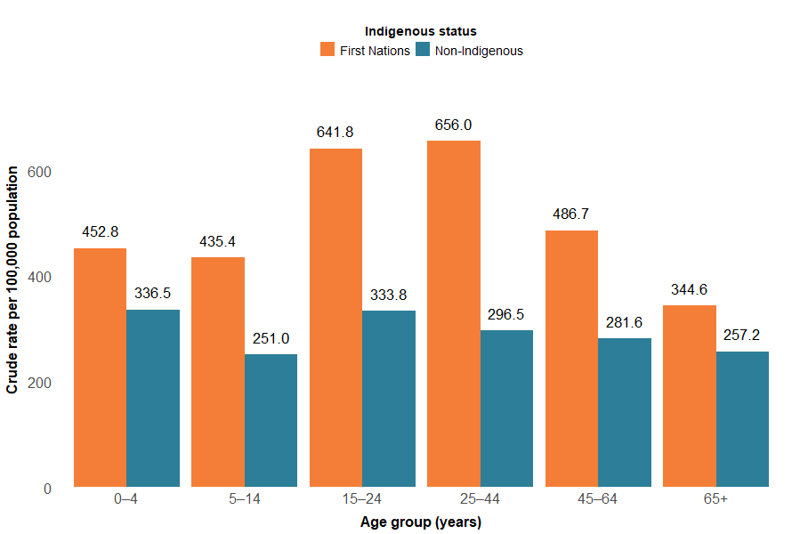 Figure 12 shows that the highest rate of object injury hospitalisation among First Nations people is for ages 25 to 44, while for non-Indigenous Australians, rates are highest for 15-24 year olds.