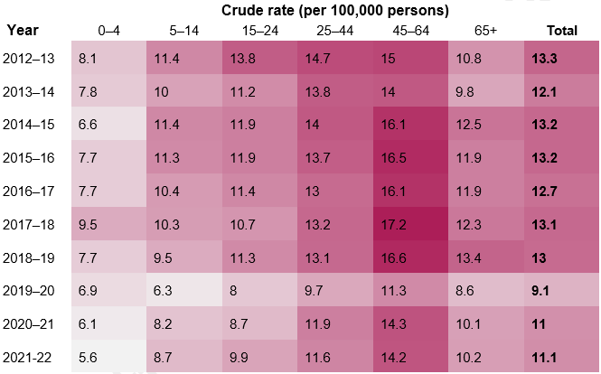 Heatmap showing the highest rates per 100,000 among 45-64 year olds. Rates have decreased across all age groups, with totals decreasing from 13.3 to 11.1 between 2012-13 to 2021-22.