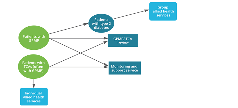 This flow chart shows GPMP or TCA patient flow to review, monitor and support services.