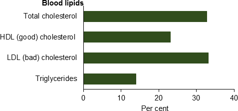 Horizontal bar chart showing; per cent (0 to 40) on the x axis; blood lipids on the y axis.
