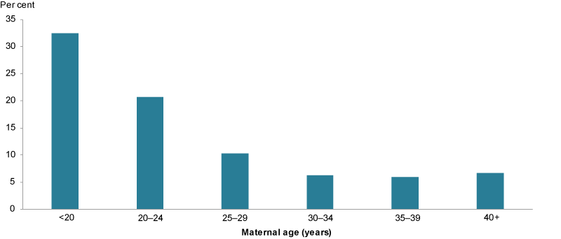This column chart shows the proportion of mothers that smoked during pregnancy, by age group. From age group <20 to 35–39 the proportion of mothers that smoked during pregnancy decreased with age from 32%25 to 5.9%25. This then slightly increased for mothers aged 40 and over (6.7%25).