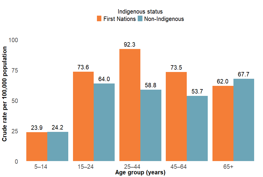 crude rates of overexertion hospitalisations were highest among the 25–44 age group for First Nations and the 65+ age group for non-Indigenous Australians in 2023–24.