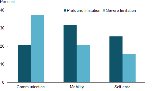 Vertical bar chart showing (profound limitation; severe limitation); (communication; mobility; self care) on the x axis; percent (0 to 40) on the y axis.