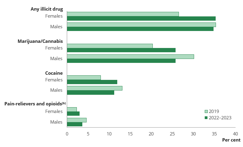 Bar chart shows recent use of illicit drugs increased among young women between 2019 and 2022–2023, while it remained stable or decreased among young males.
