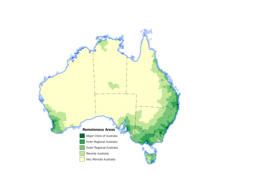 Map of Australia highlighting five different remoteness areas. Areas are shaded in light to dark green colours, demarcating Very remote, Remote, Outer regional, Inner regional areas and Major cities.