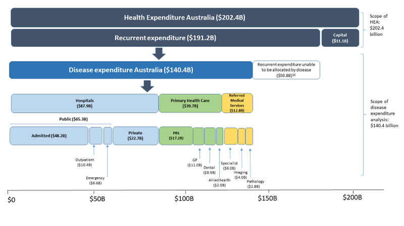 Health expenditure estimates are published annually in the Health expenditure Australia series, based on the AIHW’s Health Expenditure Database. In 2019–20, total health expenditure was estimated at $202.4 billion, consisting of $191.2 billion recurrent spending and $11.1 billion capital spending.
In 2018–19, for the total population, $140.4 billion of total health expenditure could be allocated to specific disease groups and injuries. Of the total disease expenditure, $87.9 billion related to hospital services, $39.7 billion to primary health care services and $12.8 billion to referred medical services.
