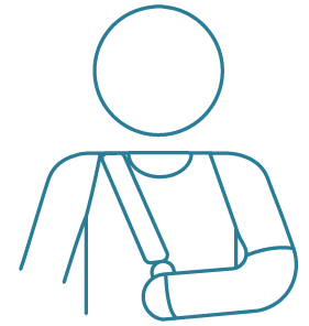 The image shows a person with a left-arm sling.
