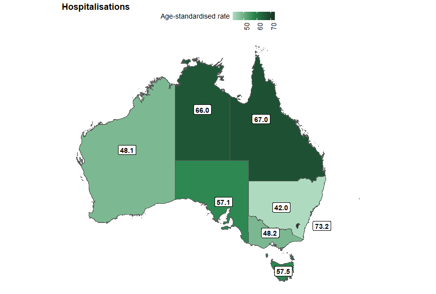 Map of Australia showing age-standardised rate of overexertion hospitalisation by state or territory. The Australian Capital Territory has the highest rates of injury.