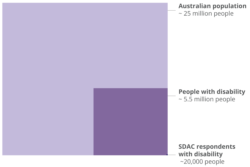 Square for Australia’s 25M people, with a smaller square insert representing the 5.5M people with disability, and a very small square for the 20,000 SDAC respondents with disability.