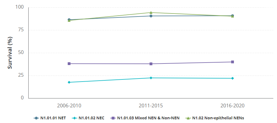 The 5-year relative survival rates of four subtypes of neuroendocrine neoplasms for three periods 2006-2010, 2011-2015 and 2016-2020. Neuroendocrine tumours survival increased from 86% in 2006–2010 to 91% in 2016–2020, Neuroendocrine carcinomas survival increased from 18% to 22%, mixed neuroendocrine neoplasms and non-neuroendocrine neoplasms increased from 38% to 40% and non-epithelial neuroendocrine neoplasms increased from 86% to 90%.