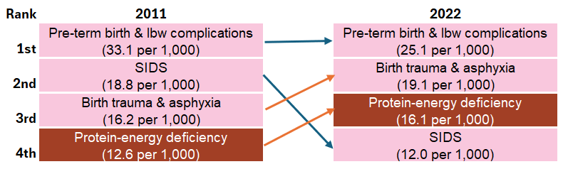 Figure showing the top 4 specific causes of burden in 2011 and 2022. the same 4 diseases were the leading causes of burden among First Nations children under 5 in both years, although there were changes in the rankings and age-specific burden rates among these causes.