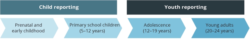 This diagram shows the sequential age groups included in reporting on children and youth. Prenatal and early childhood and primary school age (5–12 years) were included in child reporting. Adolescence (12–19 years) and young adults (20–24 years) were included in youth reporting.