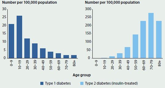 Two column graphs. One shows the gradual decrease with age in the number of new cases of type 1 diabetes, from 20-26 in 100000 people aged 0-9 and 10-19 to less than 4 in people aged 80+. The other shows the gradual increase with age in the number of insulin-treated diabetes cases, from 0 people aged 0-9 to around 200-300 in 100000 people aged 70-79 and 80+.