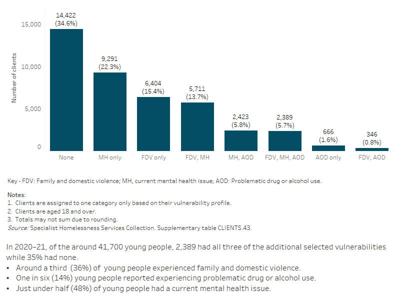 This bar graph shows the number of clients also experiencing additional vulnerabilities, including having a current mental health issue, problematic drug and/or alcohol use, or experiencing family and domestic violence. The graph shows both the number of clients experiencing a single vulnerability only, as well as combinations of vulnerabilities.