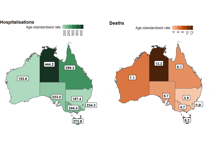 Maps of Australia showing age-standardised rate of transport hospitalisation and death by state or territory. The Northern Territory has the highest rates of injury.