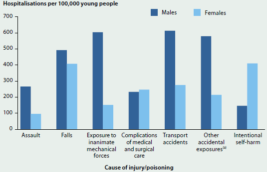 Column graph showing the number of hospitalisations per 100000 young people aged 15-24 for different causes of injury or poisoning, for both males and females in 2013-14. The leading cause for males was transport accidents (around 600 hospitalisations) while the leading cause for females were falls (around 400 hospitalisations).