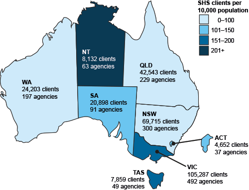 Specialist homelessness agencies and clients, by jurisdiction, 2015–16. This map of Australia shows the number of clients and homelessness agencies in each jurisdiction. In addition, each state and territory is differentially coloured according to a rating scale for the number of clients per 10,000 population. The Northern Territory had the highest rate while New South Wales, Queensland and Western Australia had the lowest client rates in 2015–16.