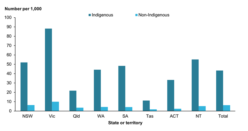 This bar chart shows that the rate of Indigenous children who were the subjects of substantiations was 43 per 1,000. Non-Indigenous children were subjects of substantiations at a rate of 6 per 1,000.