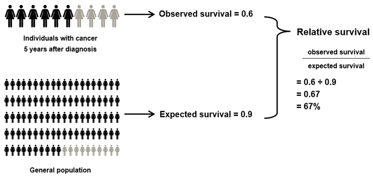 Observed survival is 6 out of 10, i.e. 0.6. Expected survival is 90 out of 100, i.e. 0.9. Therefore relative survival is 0.6 divided by 0.9, which is 0.67, or 67%2525.
