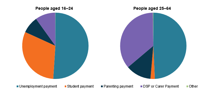 The pie charts show that similar proportions of income support recipients aged 16–24 and 25–64 received unemployment payments (51%25 and 49%25), far more of those aged 16–24 received student payments (31%25 compared with 2%25), and far more of those aged 25–64 received disability-related payments (36%25 compared with 10%25) and more received parenting payments (12%25 compared with 8%25).