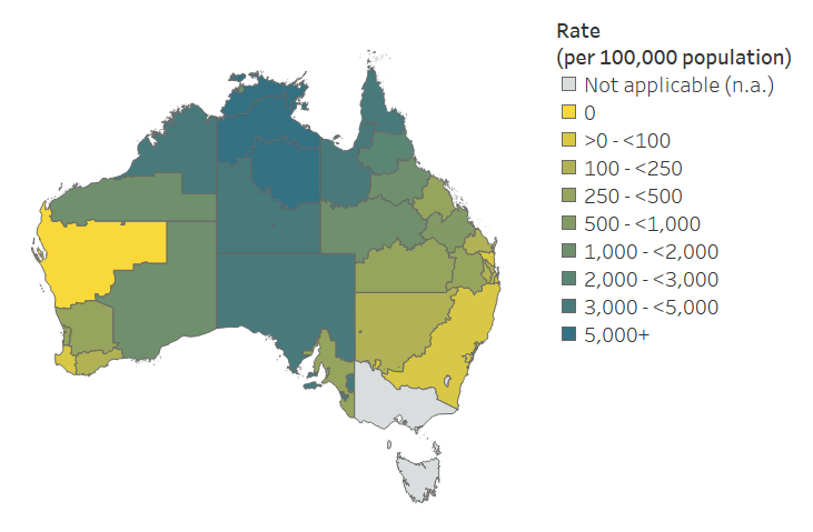 A map showing the highest rates are towards the centre and top of Australia.