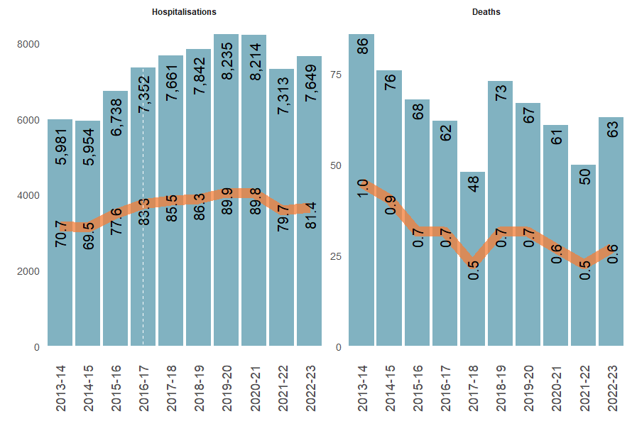 Trends of numbers of women’s injury hospitalisations and deaths showing small decrease in assault injury hospitalisations since 2017–18 and decrease on homicide death rates over last 10 years.