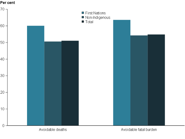 Column chart showing the proportion of avoidable deaths and avoidable fatal burden by First Nations status.