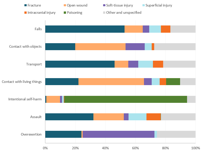 Stacked bar graph showing the top types of injuries by percentage for injury hospitalisations by selected causes. Injury types are fracture, open wound, superficial injury, soft-tissue injury, intracranial injury and other and unspecified. Fracture is the top type of injury for hospitalisation caused by falls and open wound is the top type of injury for hospitalisation caused by contact with living things.