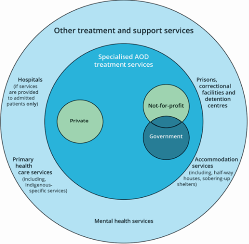 The Venn diagram shows the scope of alcohol and other drug treatment and support services in Australia. They include specialised services (private, government, and not-for-profit), and other services (hospitals, prisons, primary health care services, accommodation and mental health services).
