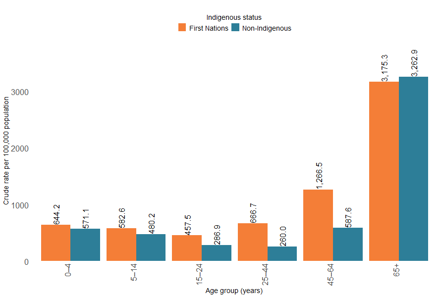 crude rates of fall hospitalisations were highest among the 65+ age group for both First Nations and non-Indigenous Australians in 2023–24