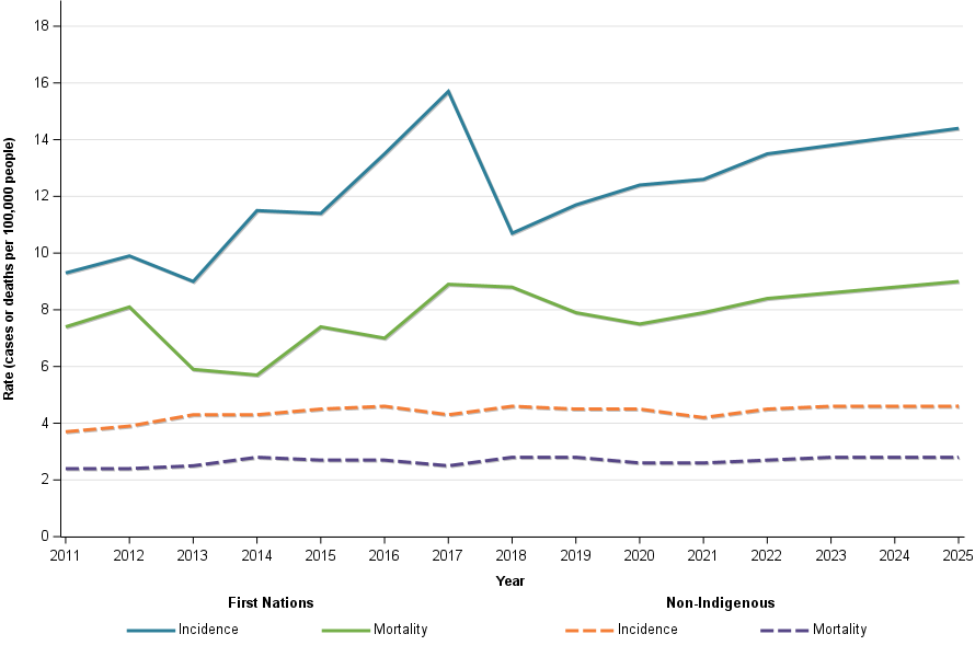 Figure 9 shows age-standardised liver cancer incidence and mortality rates by Indigenous status from 2011 to 2025. The First Nations liver cancer incidence rates are around 3 times that of non-Indigenous incidence rates and increasing more quickly. This also occurs for mortality and First Nations liver cancer mortality is greater than non-Indigenous liver cancer incidence.