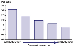 Vertical bar chart showing economic resources (relatively fewer to relatively more) on the x axis; per cent on the y axis