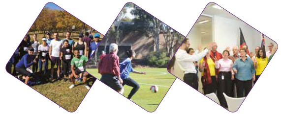 Photo of AIHW&#8217;s &#8216;Fern Hill Gliders&#8217; following the ABS Fun Run in May 2018 (Left). Annual AIHW birthday soccer match, July 2017 (Middle) and The AIHW Choir celebrates the Institute&#8217;s 30th birthday in July 2017 (Right).