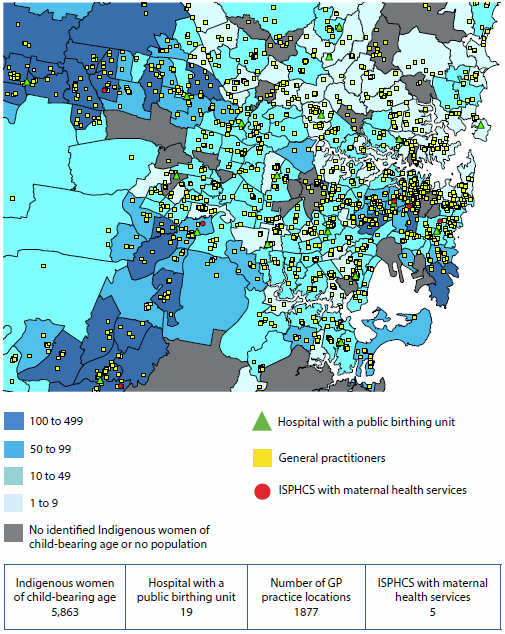 Map of Sydney showing the locations of maternal health services and the number of Indigenous women aged 15-44 in each region. Maternal health services are fairly evenly spread, although in outer Western Sydney there are far fewer.