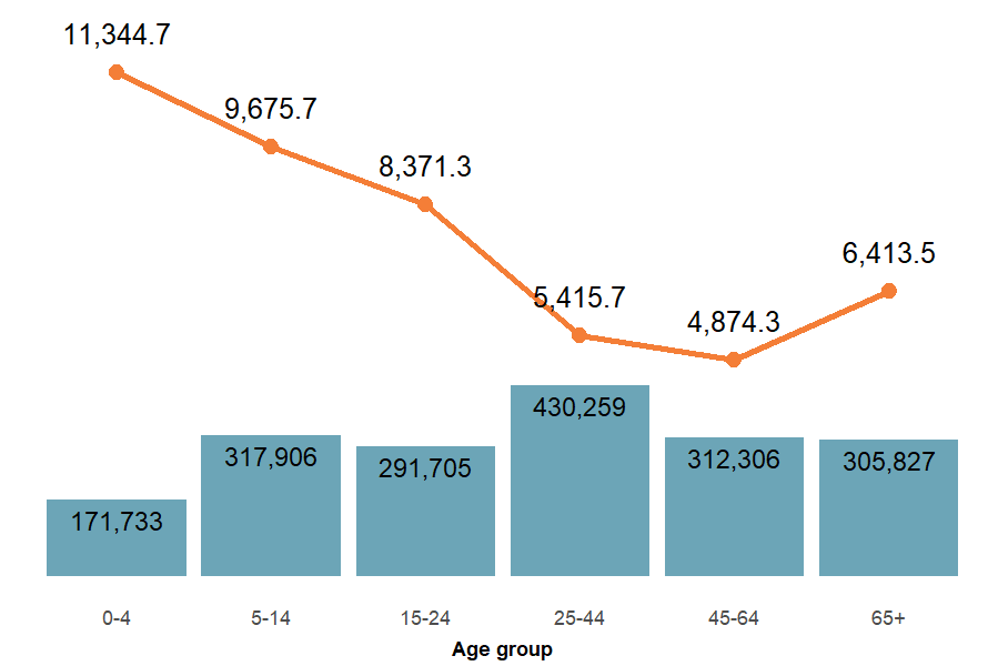 Figure 17 shows the highest number of ED presentations were in the 25-44 age group, and the highest crude were in the 0-4 age group