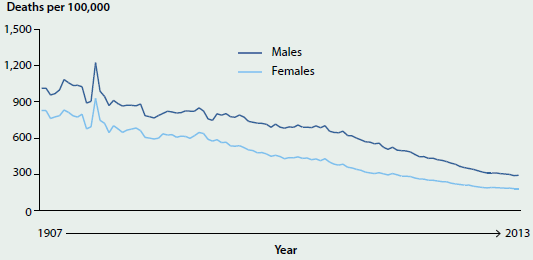 Line chart showing the trending decrease in premature mortality rates for males and females from 1907 to 2013. Over the period shown rates for both sexes have fallen from approximately 900 deaths per 100000 to around 300. Males had slightly higher premature mortality rates across the whole period shown.