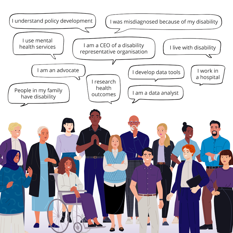 Cartoon of a diverse group of people with speech bubbles showing their different personal and professional connections to disability, health and data.