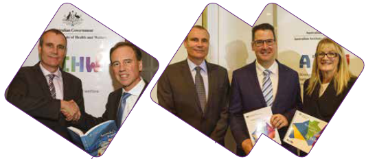 (Left photo) Barry Sandison (left) and Minister Hunt (right) at the launch of Australia&#8217;s health 2018. (Right photo) left to right: AIHW Director, Barry Sandison, Senator Seselja and Board Chair Louise Markus at the launch of Australia&#8217;s welfare 2017.