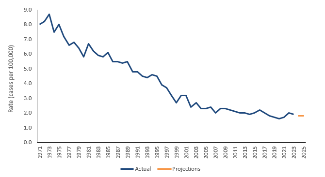 Line graph shows that mortality rates for cervical cancer have declined over time. For all ages, the mortality rate declined substantially between 1972 and 2007, before plateauing from 2007 to 2025.