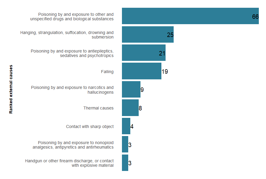 The top external causes of injury deaths, by number, ranked from highest to lowest