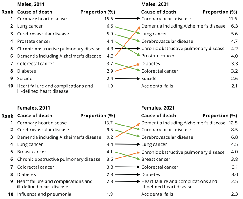 For both males and females, 9 of the 10 leading causes of death in 2011 were also in the 10 leading causes in 2021. Dementia had the biggest rank change for both sexes.