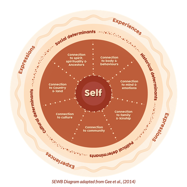 This model shows that the self is surrounded by 7 overlapping domains that are sources of wellbeing and connection. The 7 domains are connection to: body; mind and emotions; family and kinship; community;  culture; Country; and spirituality and ancestors. The model also shows that social and emotional wellbeing is also affected by historical, political, cultural and social determinants.