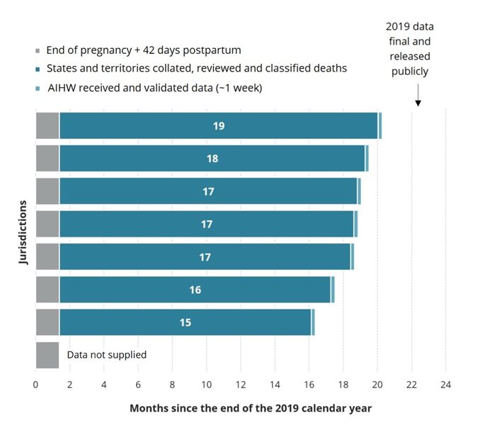 The figure shows a bar chart of the months elapsed between the end of pregnancy plus 42 days post-partum and the public release of National Maternal Mortality Data Collection data.